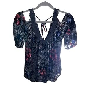 Always Indigo Velour Floral Top Women's Size S Soft Stretchy Shoulder Burnout
